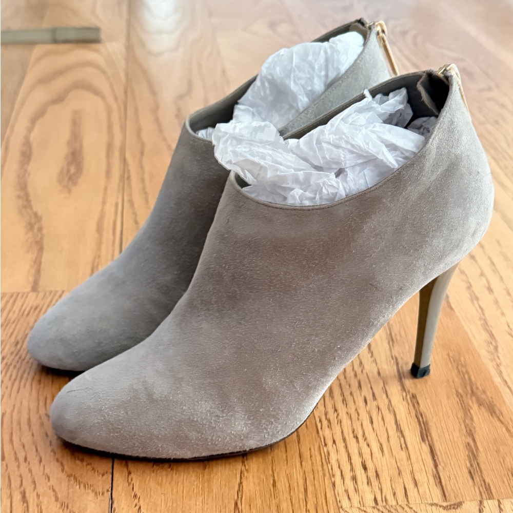 Authentic Women’s Jimmy Choo Mendez Suede High-Heel Ankle Booties in Light Gray.